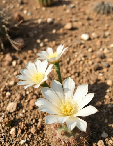 Obraz na płótnie Delicate white-petaled Lobivia neoporteria senilis cactus blooms amidst arid desert landscape, white flower, Argentina w salonie