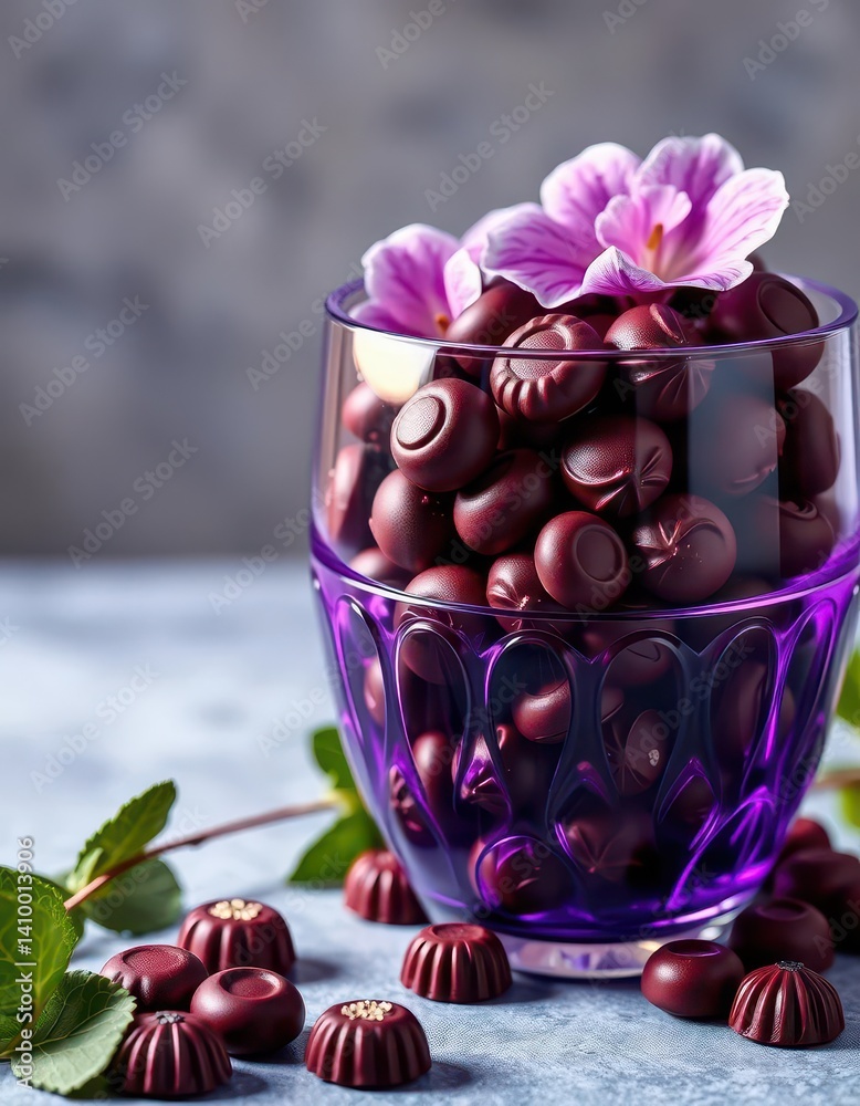 Elegant purple glass vase overflowing with rich violet chocolate drops, candy, dark, decor