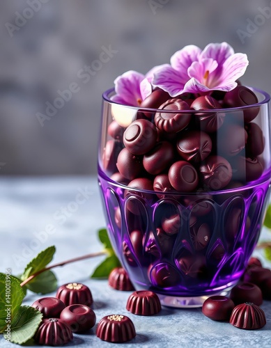 Obraz na płótnie Elegant purple glass vase overflowing with rich violet chocolate drops, candy, dark, decor w salonie