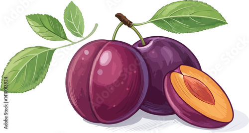 Plums Illustration vector design, Plums with plums slice in white background vector design