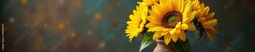 Giant sunflowers fill a rustic vase, vibrant yellow blooms , petal, sunshine