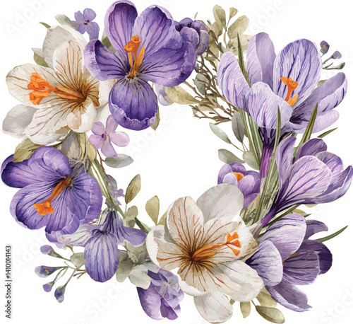 A Card lavender crocuses and lavender flowers.