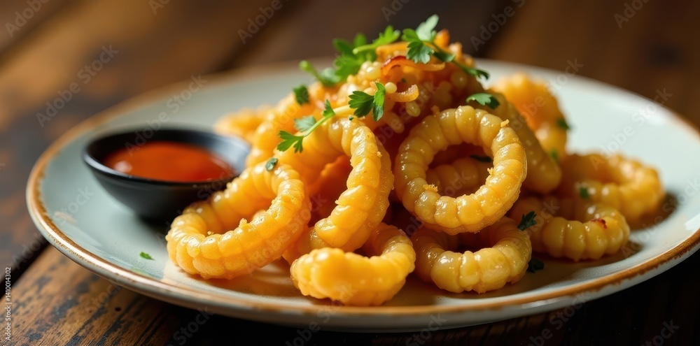 Golden-fried calamari & plantain medley, crispy onions , appetizer, dish, food photography