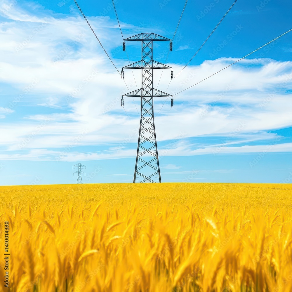 Golden wheat field stretches beneath a towering electric pylon against a vibrant blue sky, agriculture, wheat, perspective
