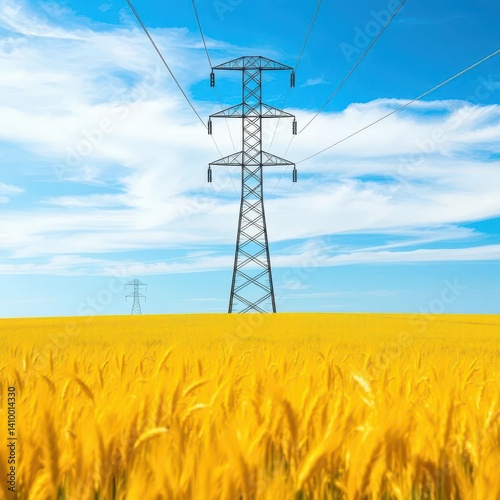 Obraz na płótnie Golden wheat field stretches beneath a towering electric pylon against a vibrant blue sky, agriculture, wheat, perspective w salonie