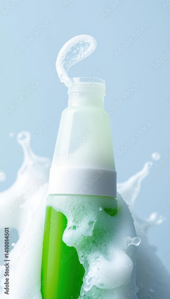 Green shampoo bottle, white foam, bubbly, clean liquid, wellness, healthy, cleaning
