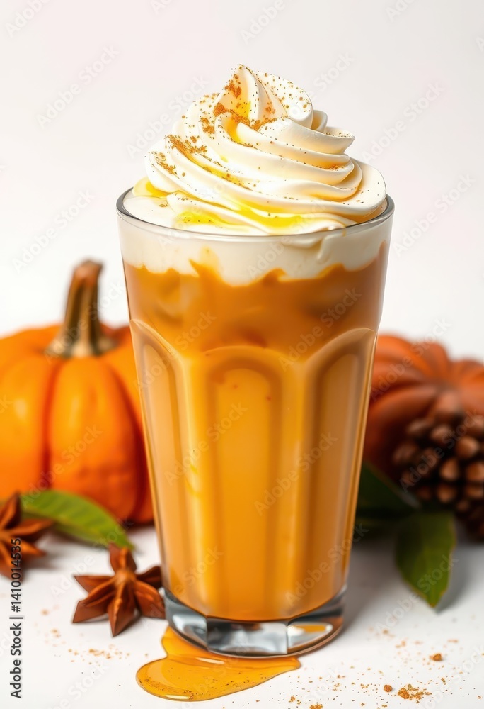 Iced pumpkin spice latte with honey, topped with whipped cream on white background, pumpkin latte, maple syrup