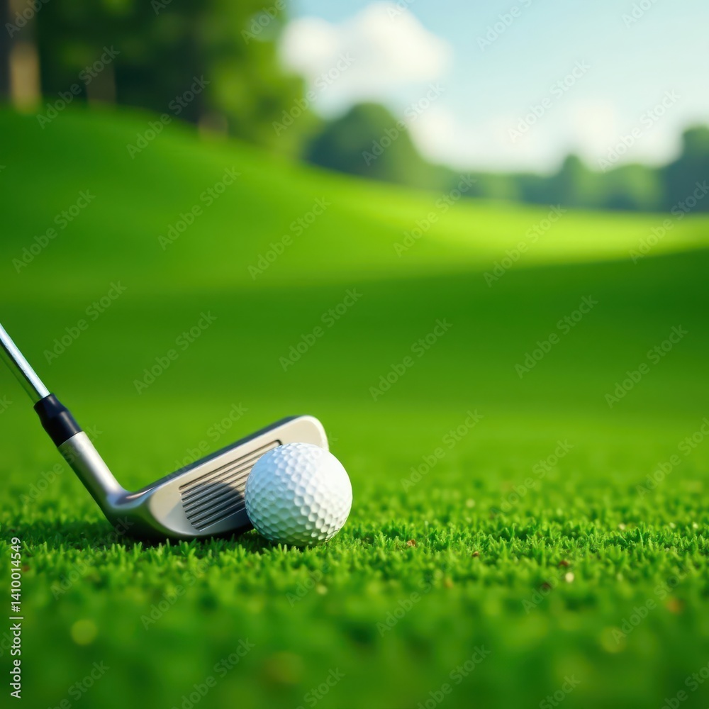 Golf club rests on green fairway, ball aligned, ready to swing , background, vibrant