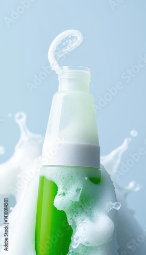 Obraz na płótnie Green shampoo bottle, white foam, bubbly, clean liquid, wellness, healthy, cleaning w salonie
