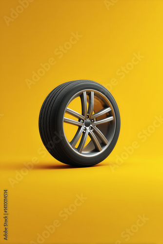 Close-up of a new car tire with a metal rim on a yellow background, showcasing texture and design elements.