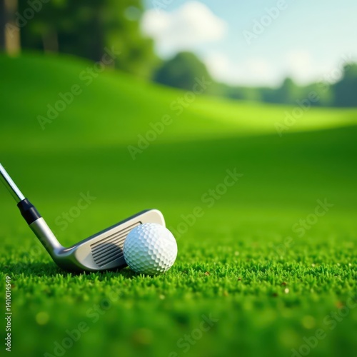 Obraz na płótnie Golf club rests on green fairway, ball aligned, ready to swing , background, vibrant w salonie