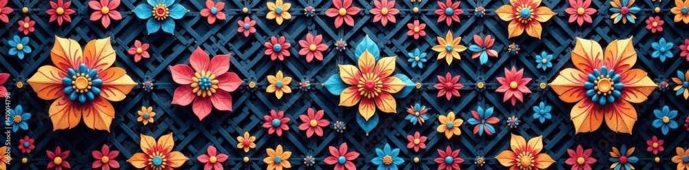 Intricate geometric lattice overlaid with stylized floral motifs , bright, abstract