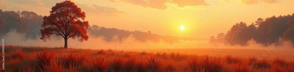 Misty sunrise paints abstract autumn meadow in warm hues , background, picture