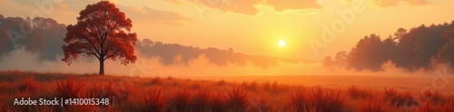 Obraz na płótnie Misty sunrise paints abstract autumn meadow in warm hues , background, picture w salonie
