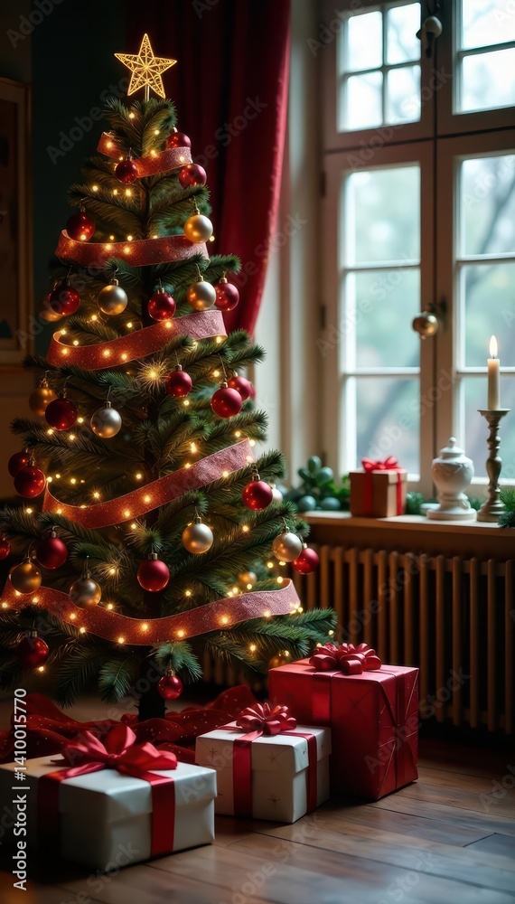 Ornate tree, neatly arranged gifts Warm, inviting Christmas atmosphere , red, gifts