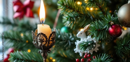 Obraz na płótnie Ornate candle clip secures a flickering candle on a decorated Christmas tree, glow, decoration w salonie