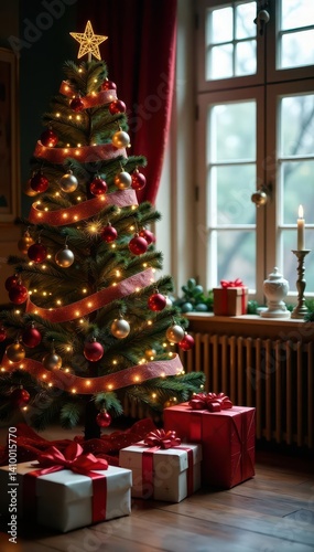 Obraz na płótnie Ornate tree, neatly arranged gifts Warm, inviting Christmas atmosphere , red, gifts w salonie