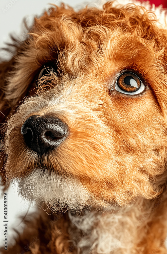Fototapeta premium Brown poodle wearing Christmas hat on white background