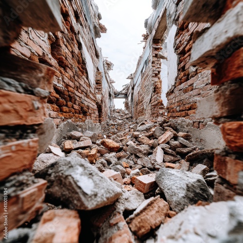 Crumbling brick walls of a demolished building, rubble strewn about - decayed chaos wrecking desolation detritus
