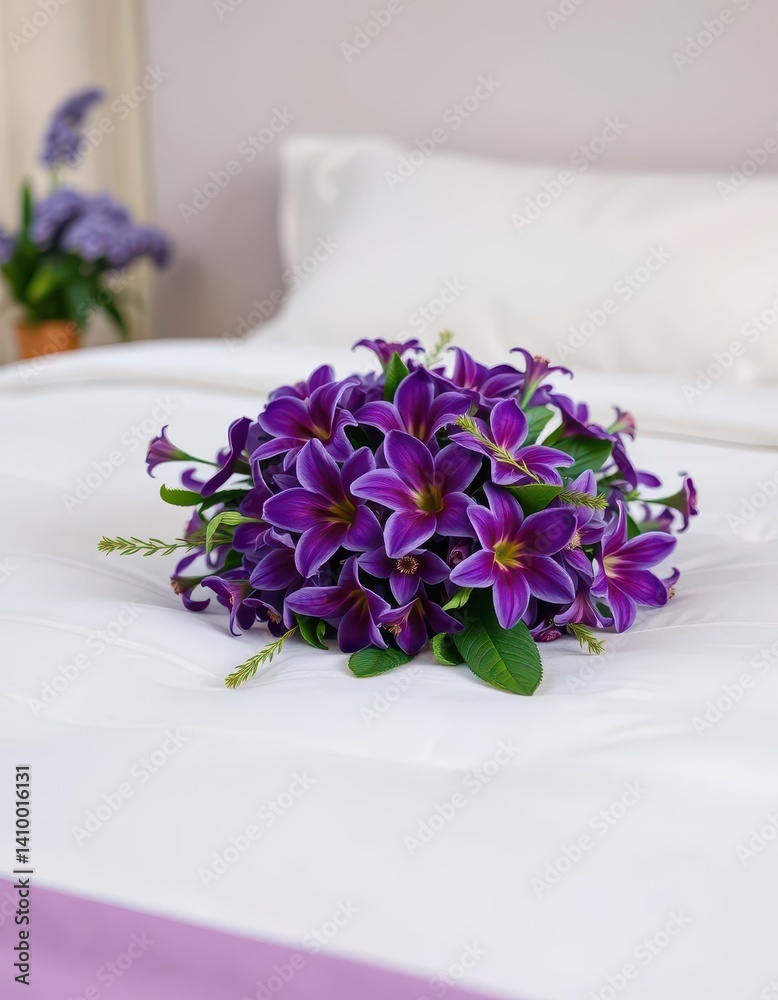 Purple floral arrangement adorns a neatly made bed, luxury, elegant