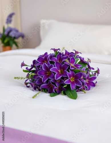Obraz na płótnie Purple floral arrangement adorns a neatly made bed, luxury, elegant w salonie