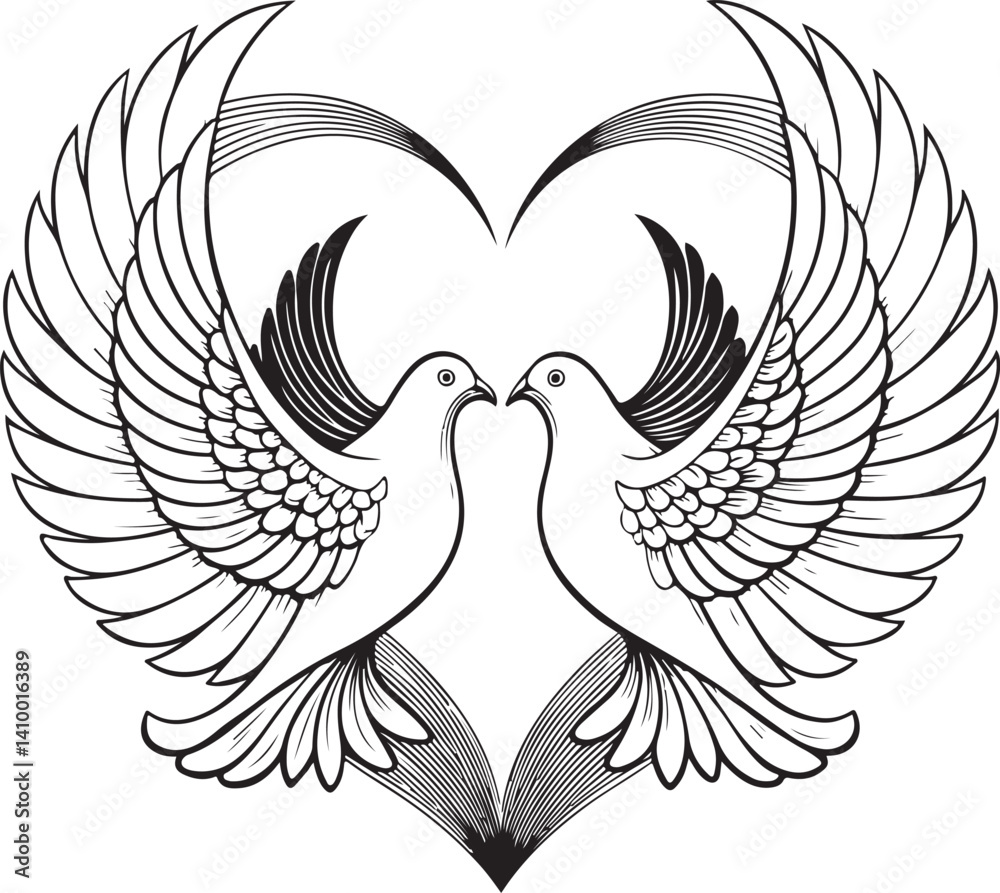 Fototapeta premium Two Doves Forming a Heart: An illustration of two doves facing each other, their wings forming a heart shape. A symbol of love, peace, and unity.