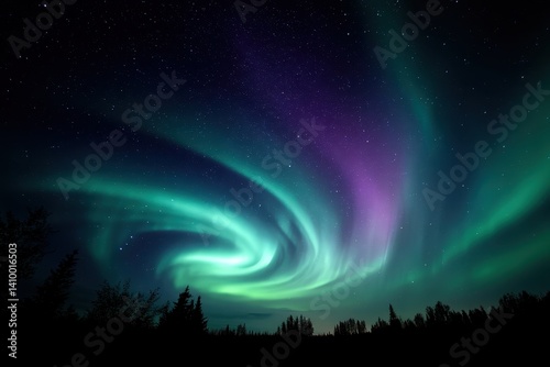 Aurora Shaped Like a Spiral A spiraling aurora borealis pattern with deep greens and purples swirling overhead.