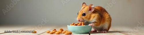 Curious hamster examining food bowl, comical expression, funny, food