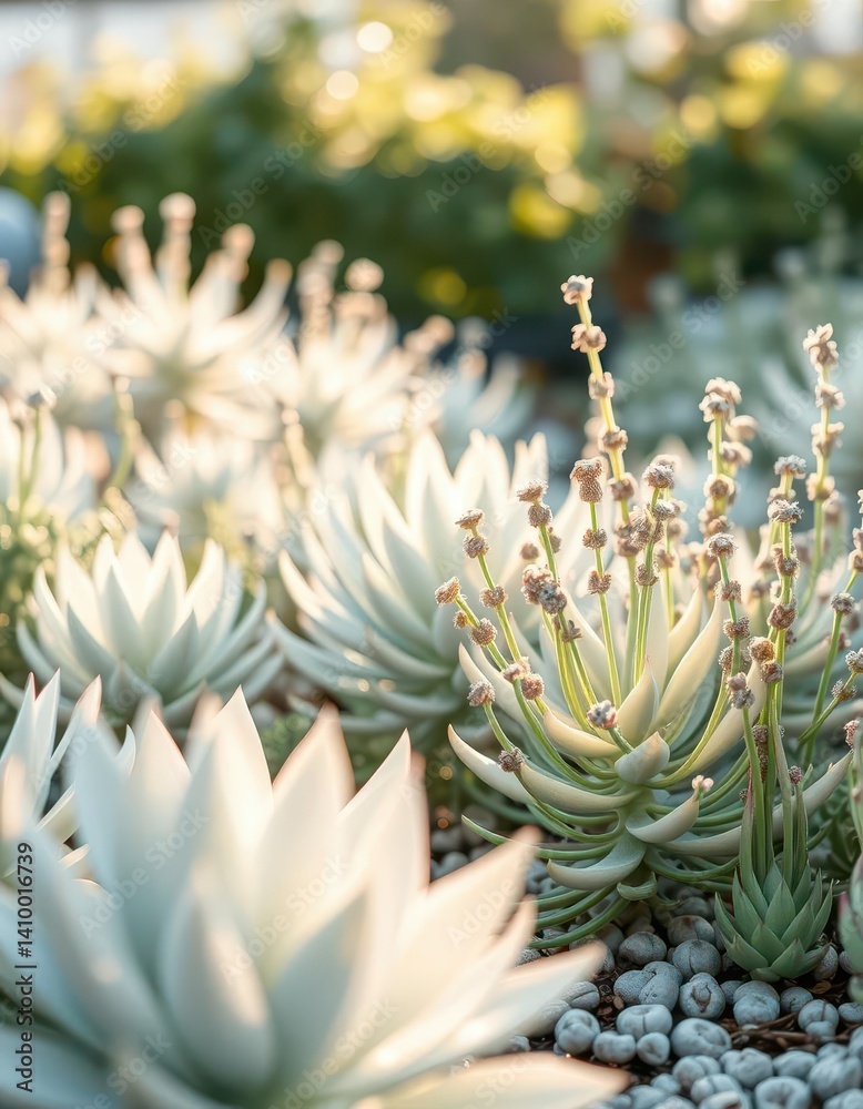 Serene white succulent garden bathed in soft, ethereal light, photography, simple, organic