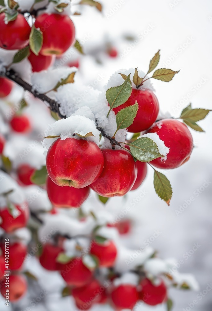 Snow-laden branch heavy with glistening red apples against a pale winter sky, frozen, sky, harvest