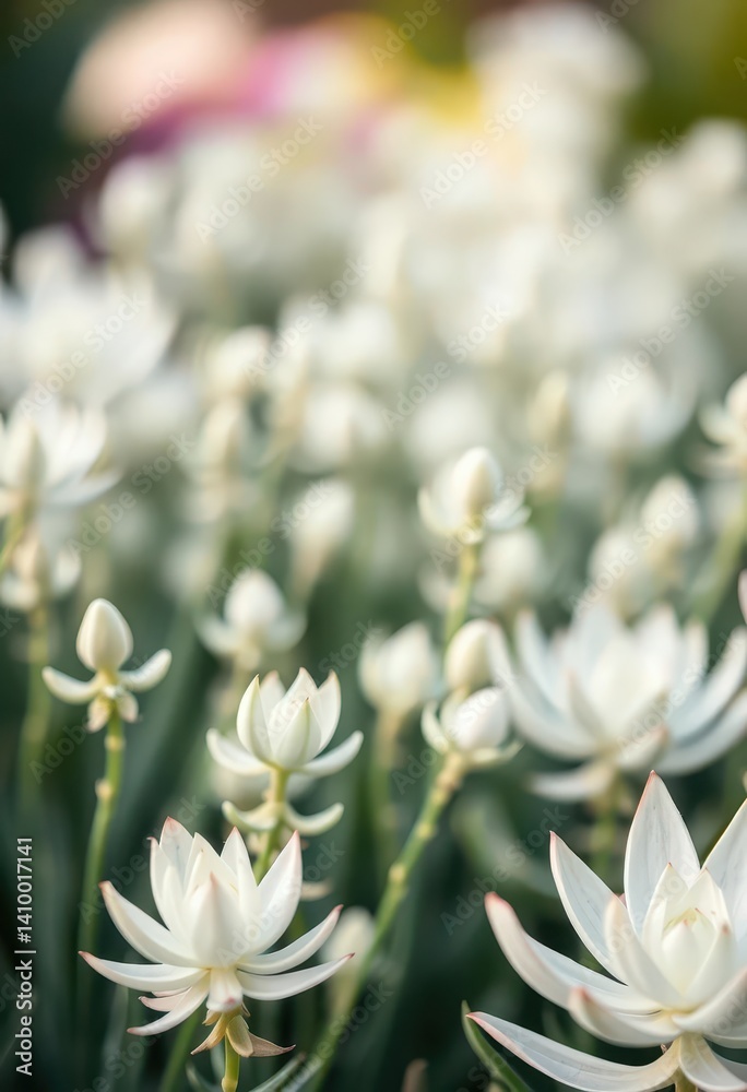Soft-focus image of a serene white succulent garden gently swaying in a breeze, bright, macro, nature