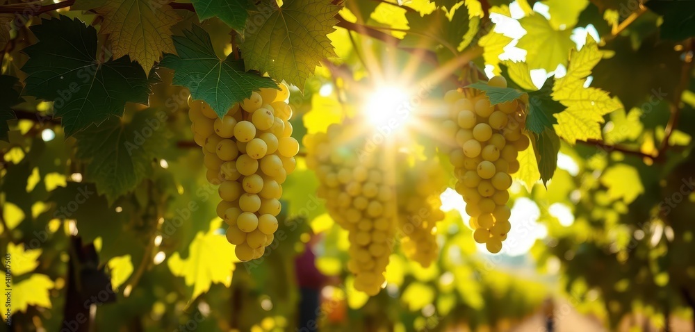 Sun-drenched green grapes hanging on vine, leaves backlit, sun, delicious