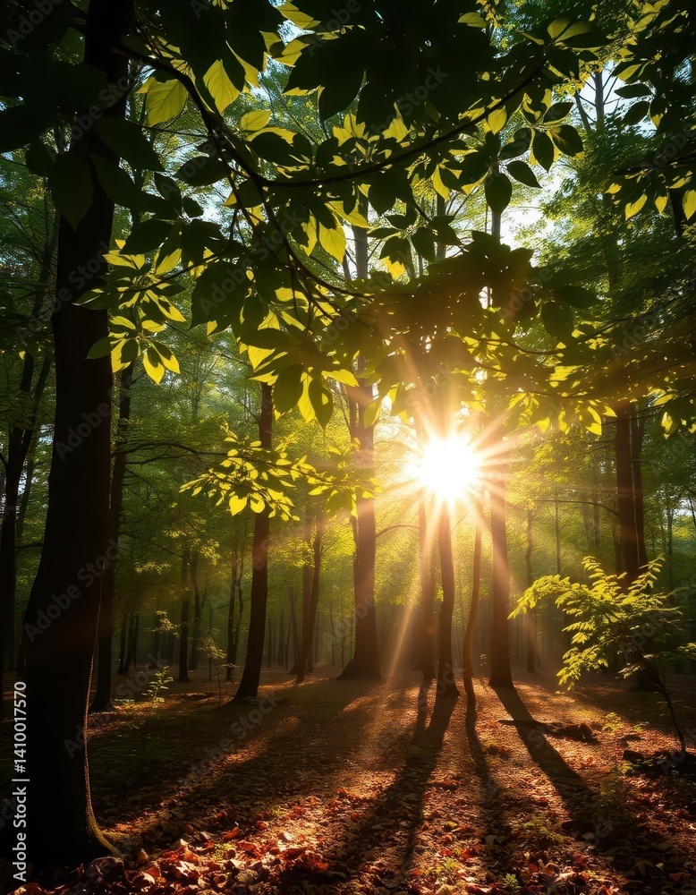 Sunlight dappled through leaves, creating a mosaic of light and shadow on forest floor, woodland, sunshine, golden hour