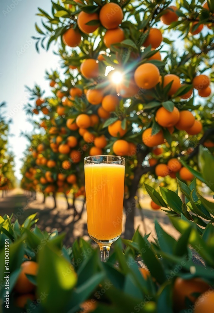Sunlit glass of fresh orange juice sits amidst vibrant orange trees in a grove, farm, image, organic