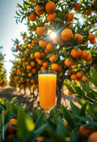 Obraz na płótnie Sunlit glass of fresh orange juice sits amidst vibrant orange trees in a grove, farm, image, organic w salonie