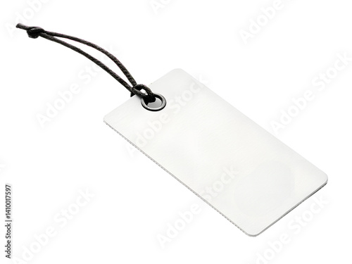 A white tag with a black loop hanging from it.