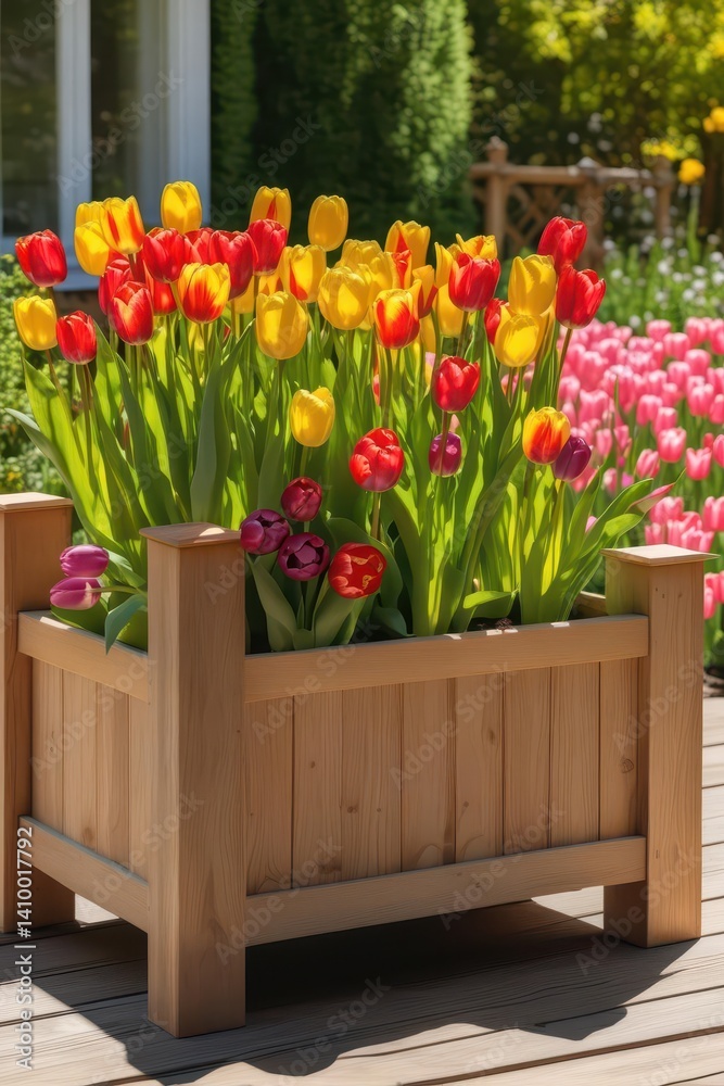 Sunlit tulips in charming wooden garden planter , tulips, day
