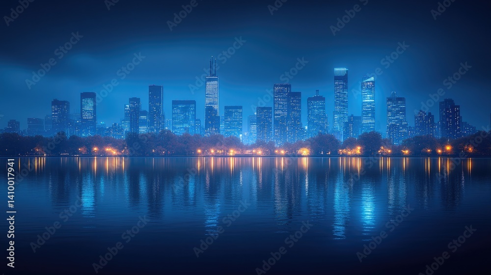 Fototapeta premium Night city skyline reflected in calm lake