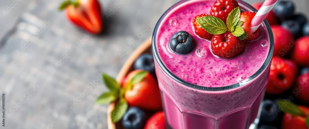 Vibrant blueberry smoothie topped with fresh berries, overhead, healthy, berries