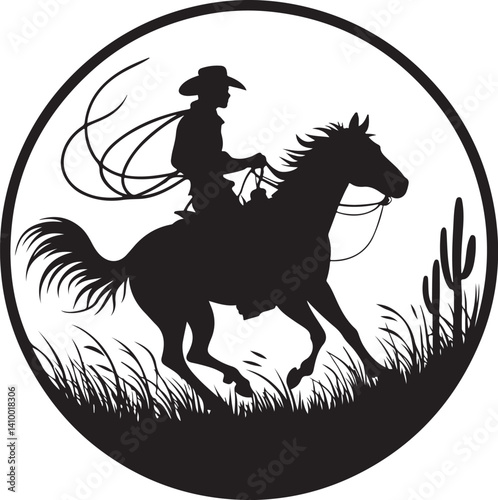 Cowboy Silhouette in Wild West: A captivating silhouette of a cowboy on horseback, perfectly capturing the essence of the Wild West. The cowboy, skillfully wielding a lasso.