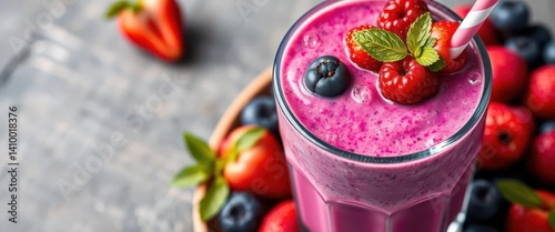 Obraz na płótnie Vibrant blueberry smoothie topped with fresh berries, overhead, healthy, berries w salonie