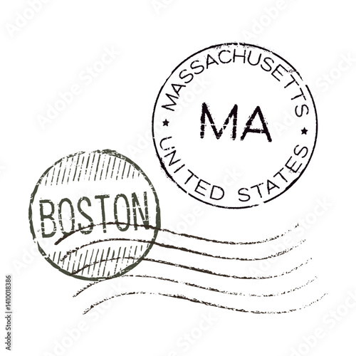 Postal rubber stamps BOSTON, MASSACHUSETTS, UNITED STATES, along with the ZIP code, state abbreviation (MA), and date. Retro-style seals for letter envelopes, greeting cards, passports, and parcels.