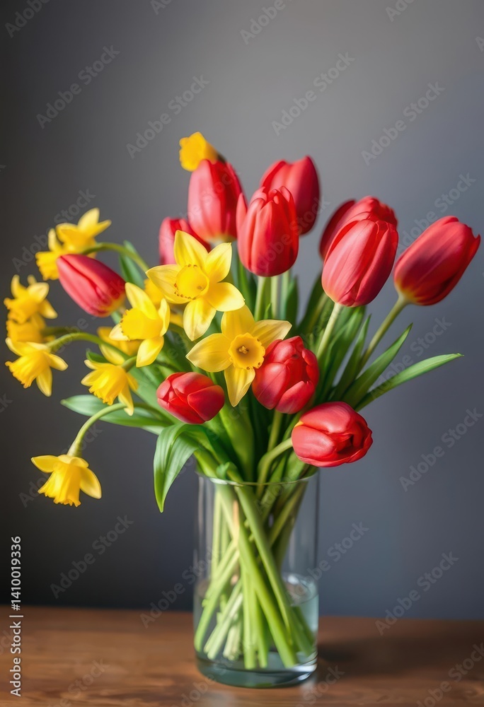 Vibrant red tulips & sunny yellow daffodils in a clear glass vase, plant, colorful