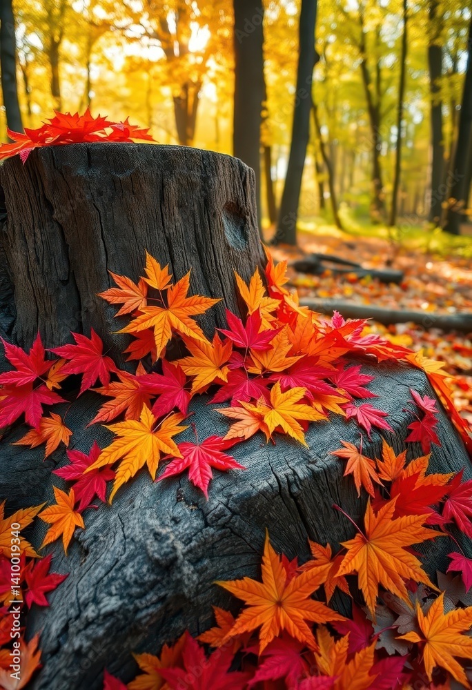 Vibrant red, orange, and yellow maple leaves strewn around a weathered stump in a sun-dappled woods, close-up, season, forest