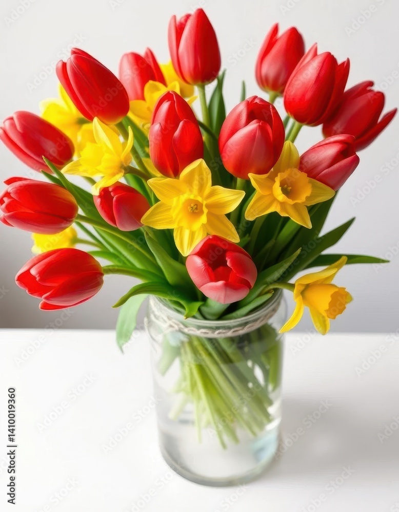 Vibrant red tulips & sunny yellow daffodils in a clear glass vase, petals, cheerful, stems