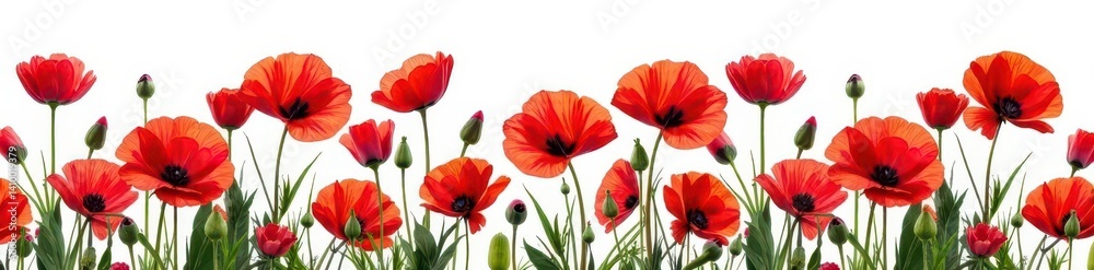 Vibrant red poppies, lush bouquet, isolated on white , floral design, white background