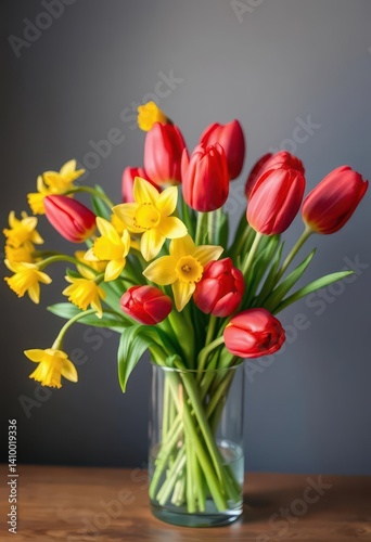 Obraz na płótnie Vibrant red tulips & sunny yellow daffodils in a clear glass vase, plant, colorful w salonie