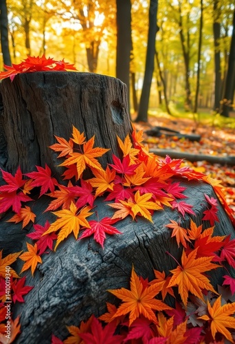 Obraz na płótnie Vibrant red, orange, and yellow maple leaves strewn around a weathered stump in a sun-dappled woods, close-up, season, forest w salonie