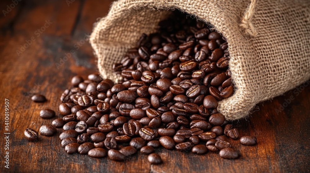 Roasted Coffee Beans Spilling from Burlap Sack Roasted Coffee Beans Spilling from Burlap Sack