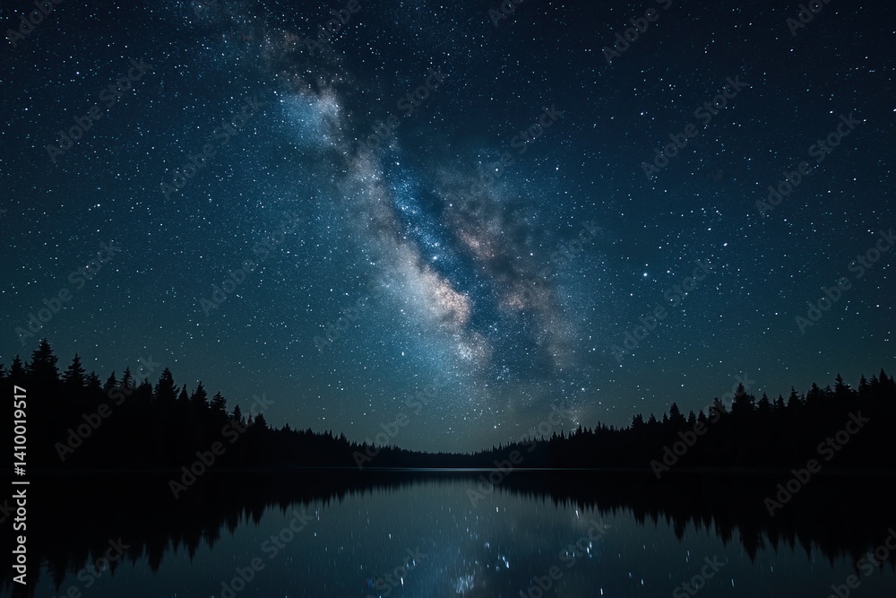 Naklejka premium Majestic Milky Way Reflection Over Tranquil Lake With Pine Silhouette Under Starry Night Sky